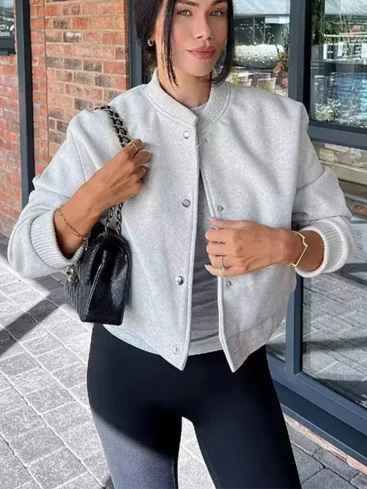 Jaselle – Cropped Button Front Bomber Jacket