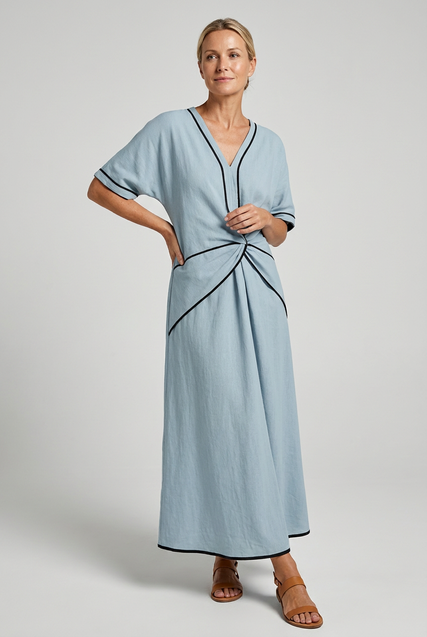 Women's Twist Front V-Neck Contrast Trim Maxi Dress - Image 2