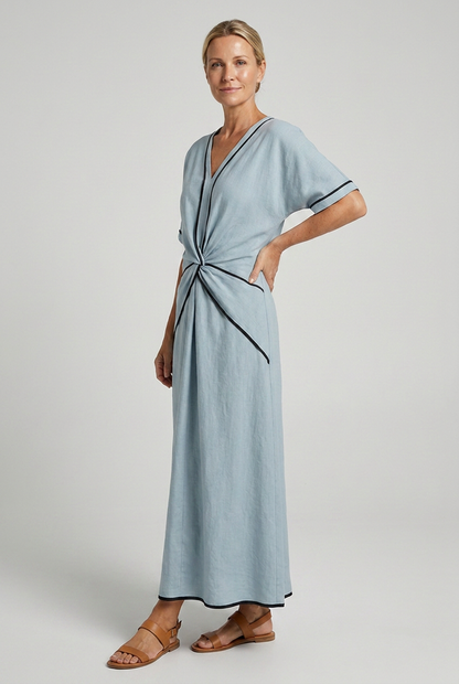 Women's Twist Front V-Neck Contrast Trim Maxi Dress - Image 3