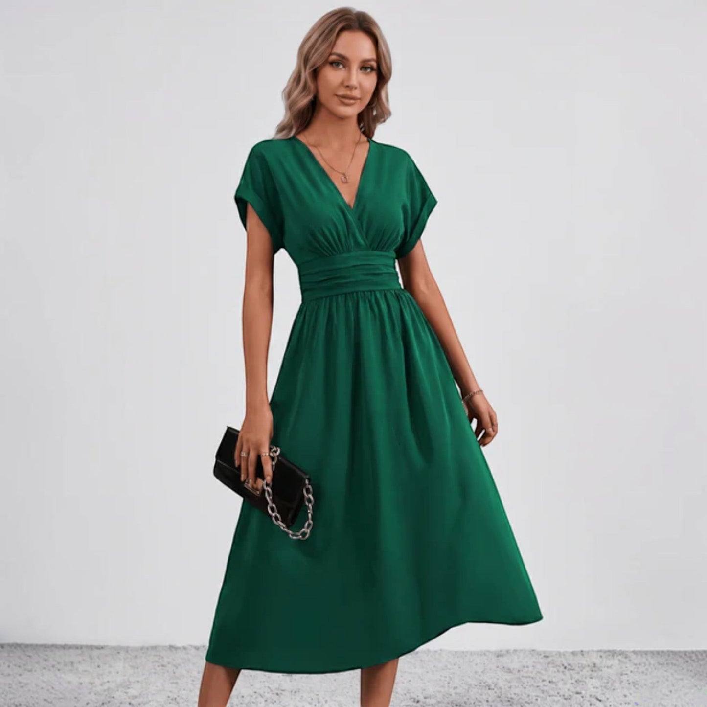 Women Ruched Waist Deep V Midi Dress Wedding Guest - Image 2