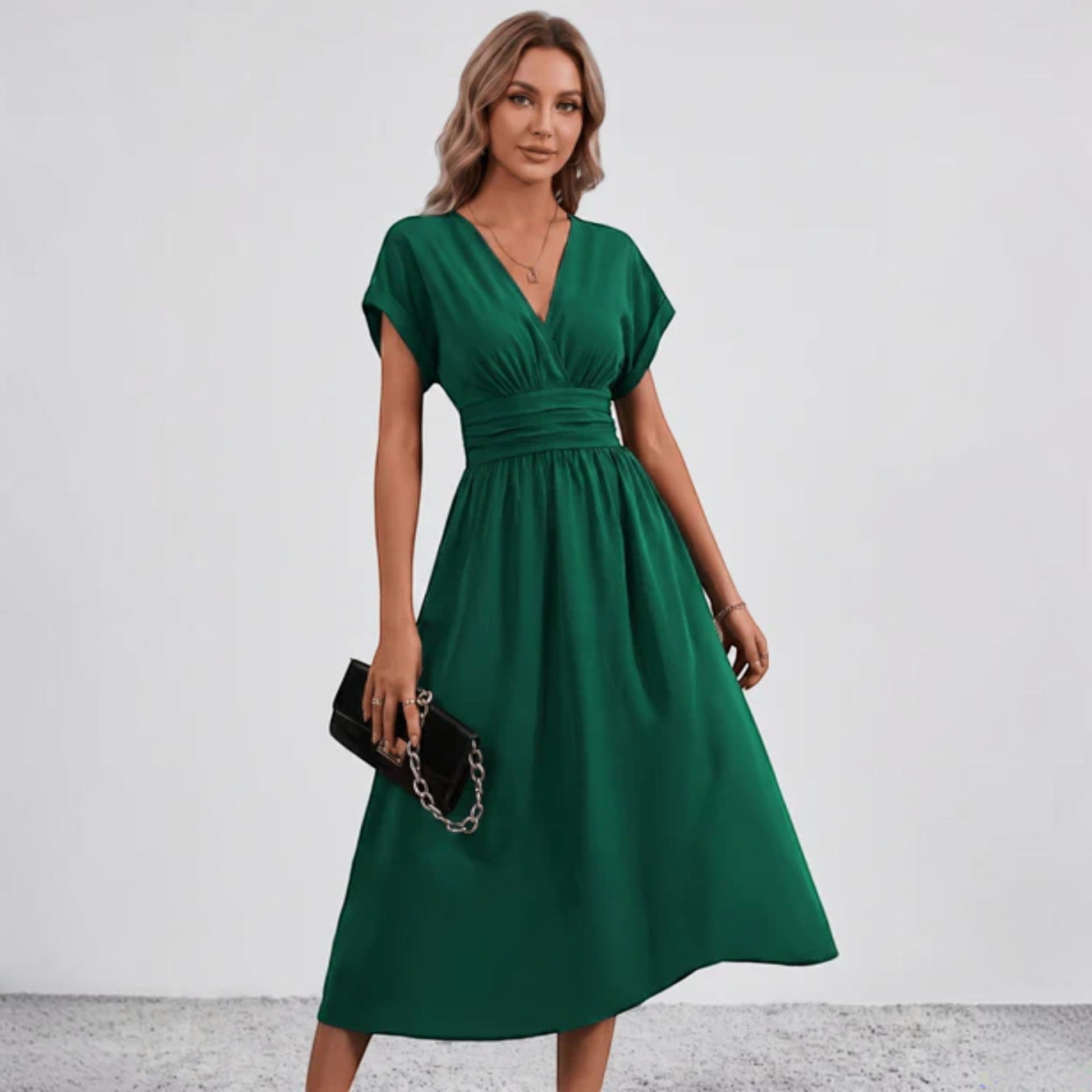 Women Ruched Waist Deep V Midi Dress Wedding Guest - Image 2
