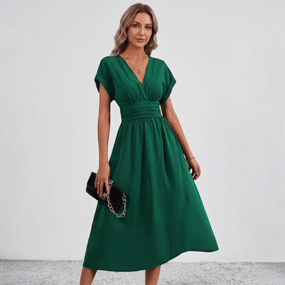 Women Ruched Waist Deep V Midi Dress Wedding Guest - Image 2