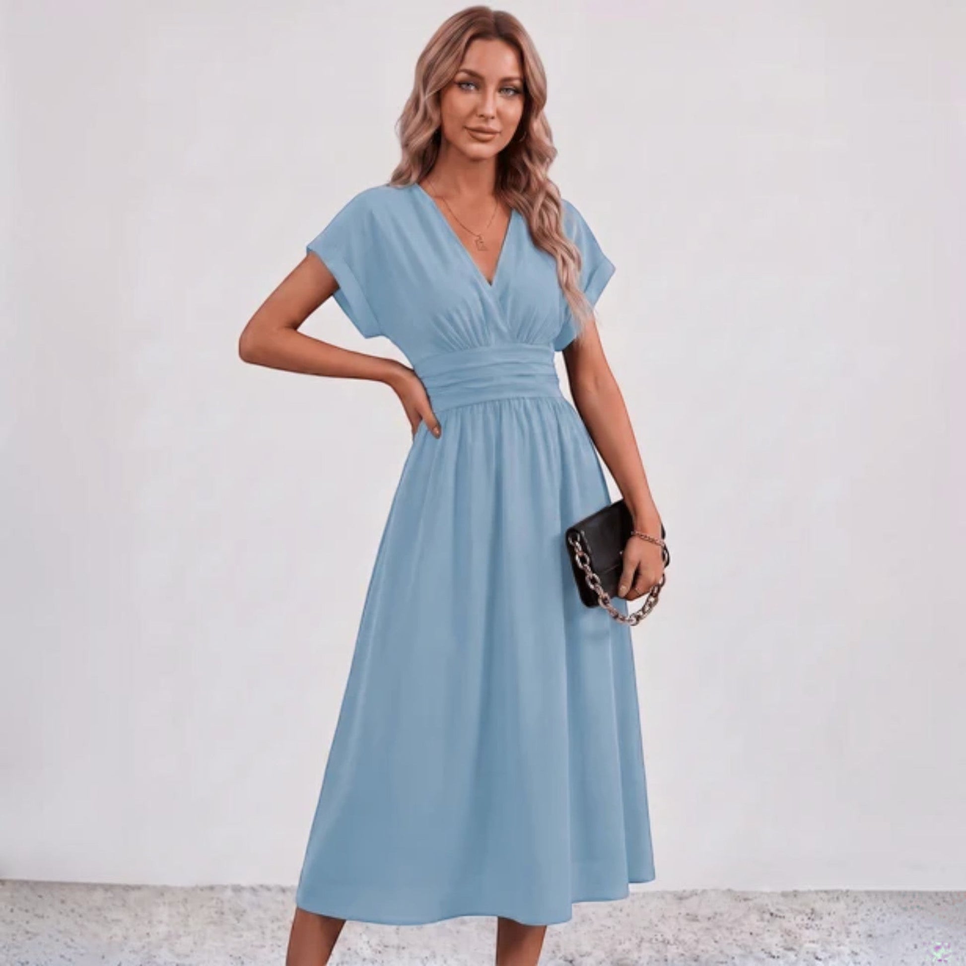 Women Ruched Waist Deep V Midi Dress Wedding Guest - Image 12