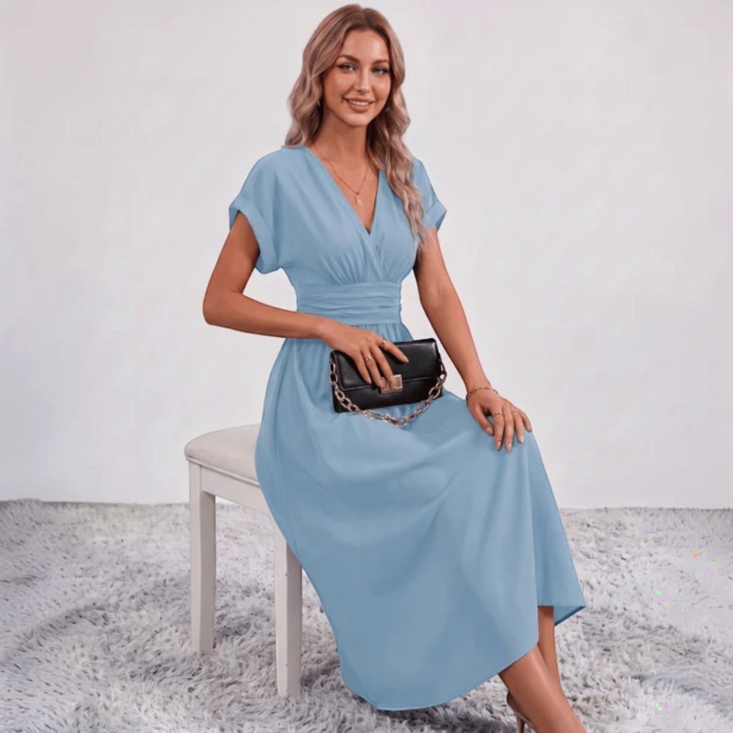 Women Ruched Waist Deep V Midi Dress Wedding Guest - Image 13
