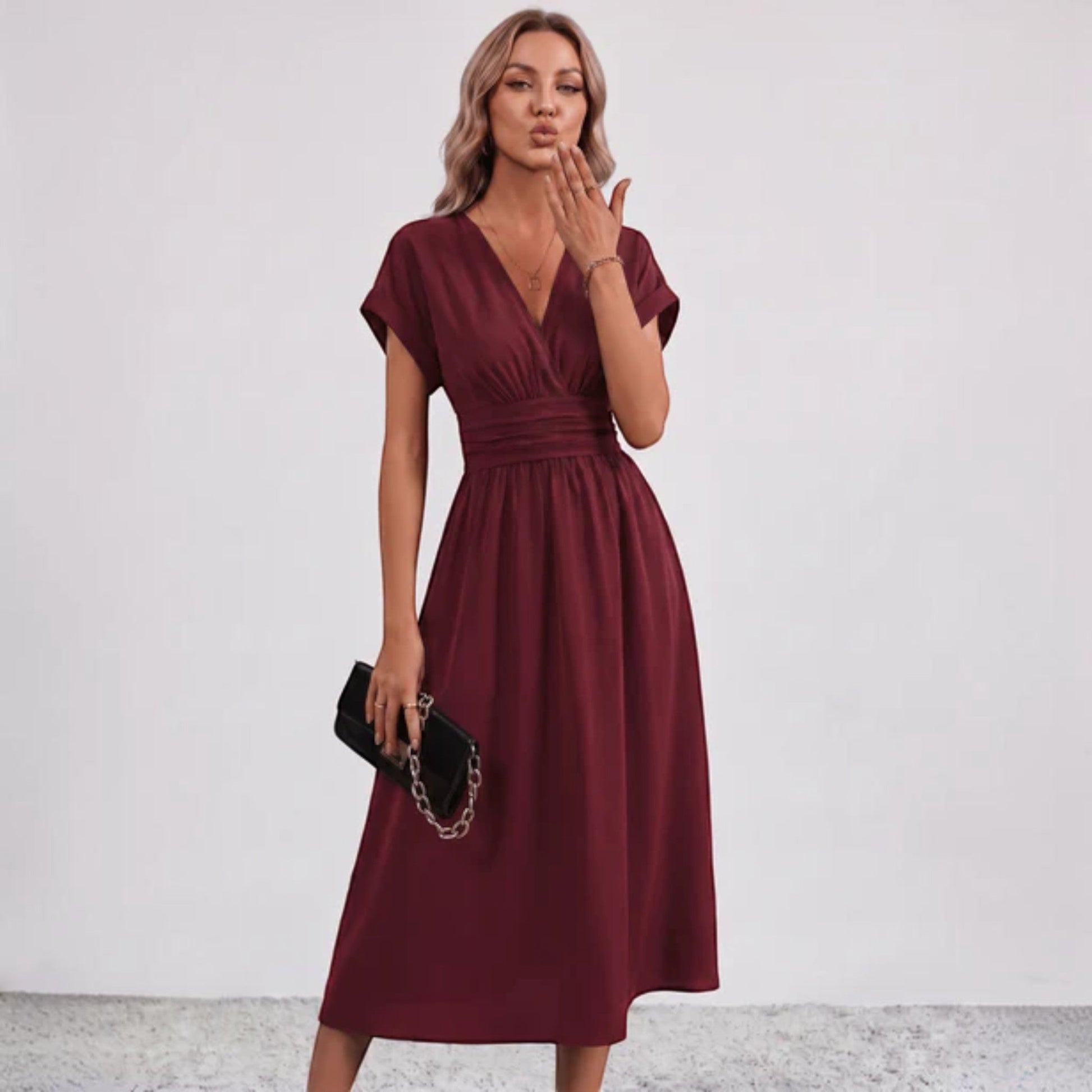 Women Ruched Waist Deep V Midi Dress Wedding Guest - Image 15