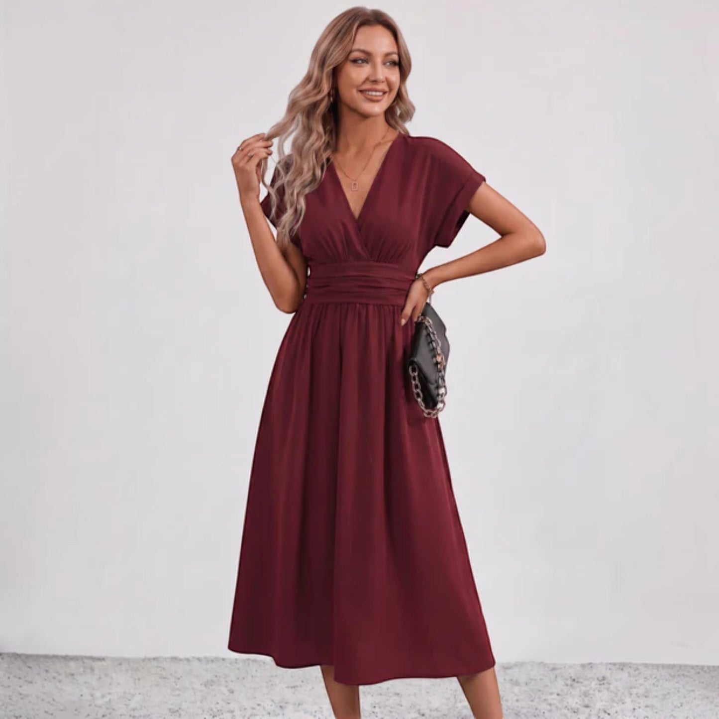 Women Ruched Waist Deep V Midi Dress Wedding Guest - Image 17