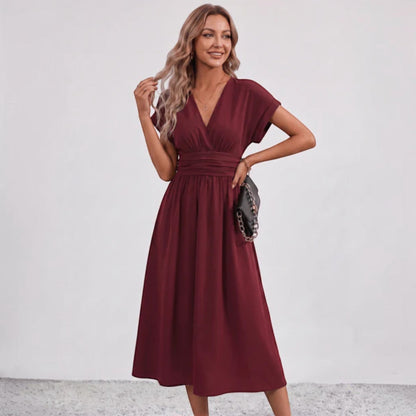 Women Ruched Waist Deep V Midi Dress Wedding Guest - Image 17