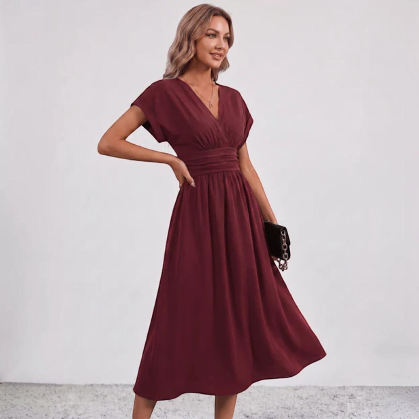 Women Ruched Waist Deep V Midi Dress Wedding Guest - Image 18