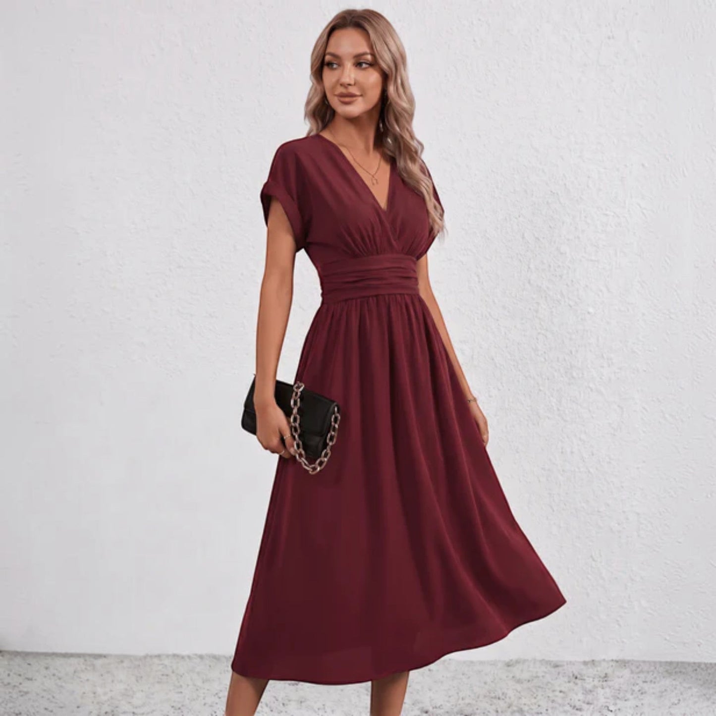 Women Ruched Waist Deep V Midi Dress Wedding Guest - Image 19