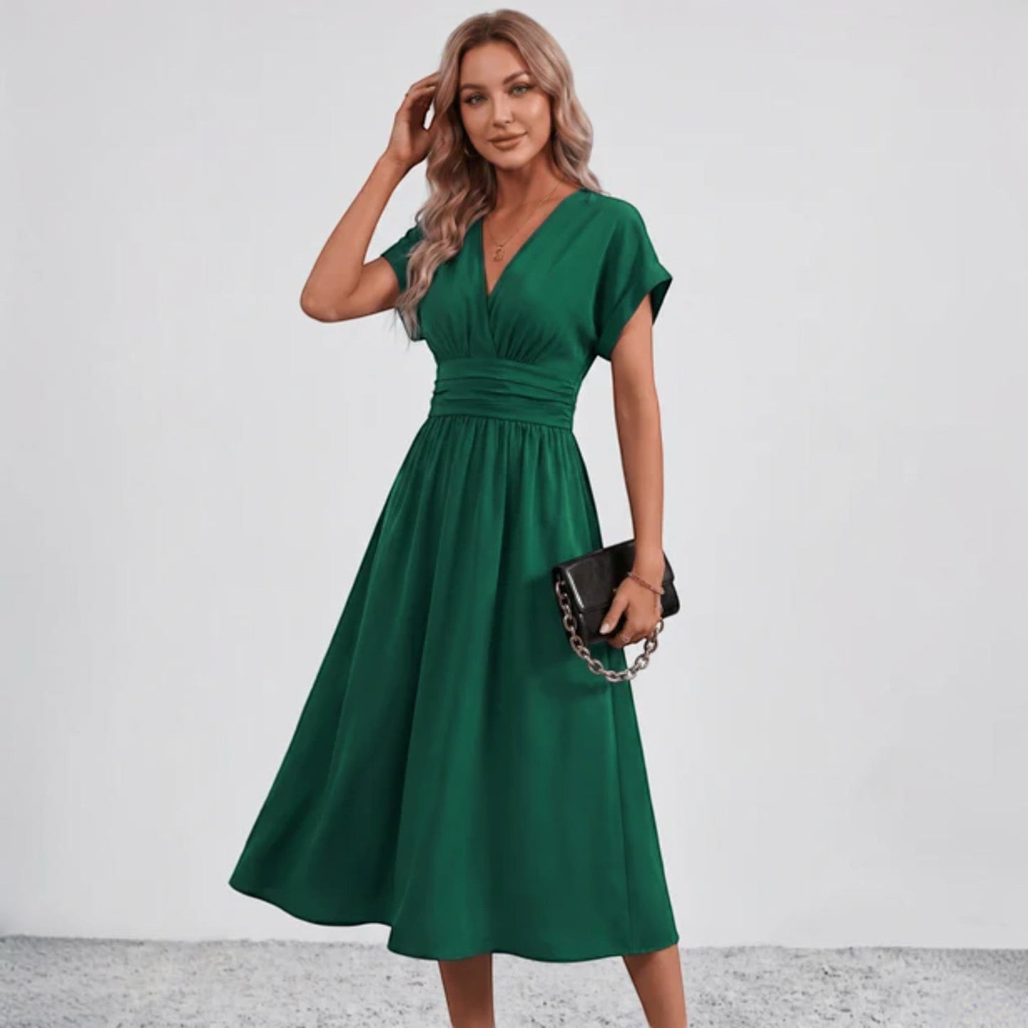 Women Ruched Waist Deep V Midi Dress Wedding Guest - Image 3
