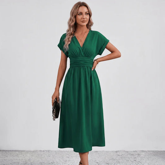 Women Ruched Waist Deep V Midi Dress Wedding Guest