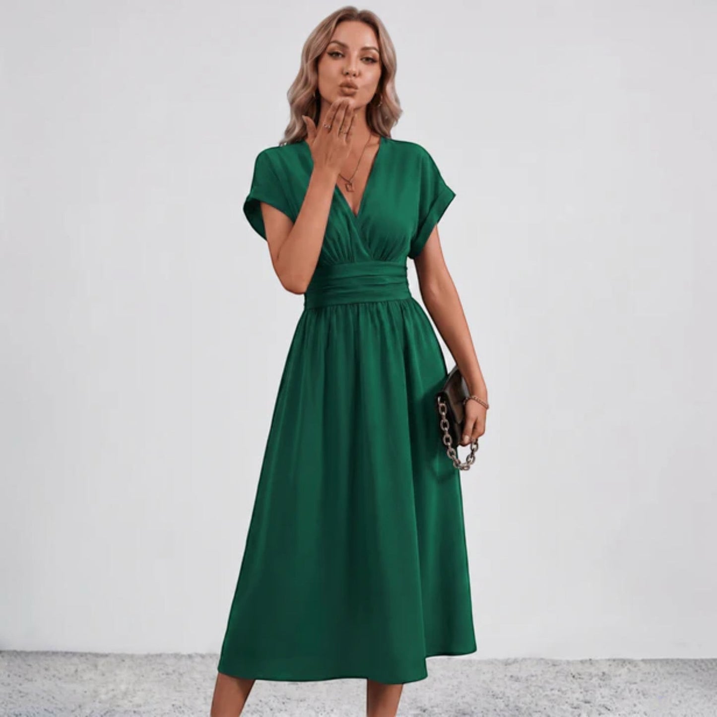 Women Ruched Waist Deep V Midi Dress Wedding Guest - Image 4