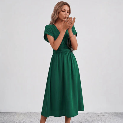Women Ruched Waist Deep V Midi Dress Wedding Guest - Image 5