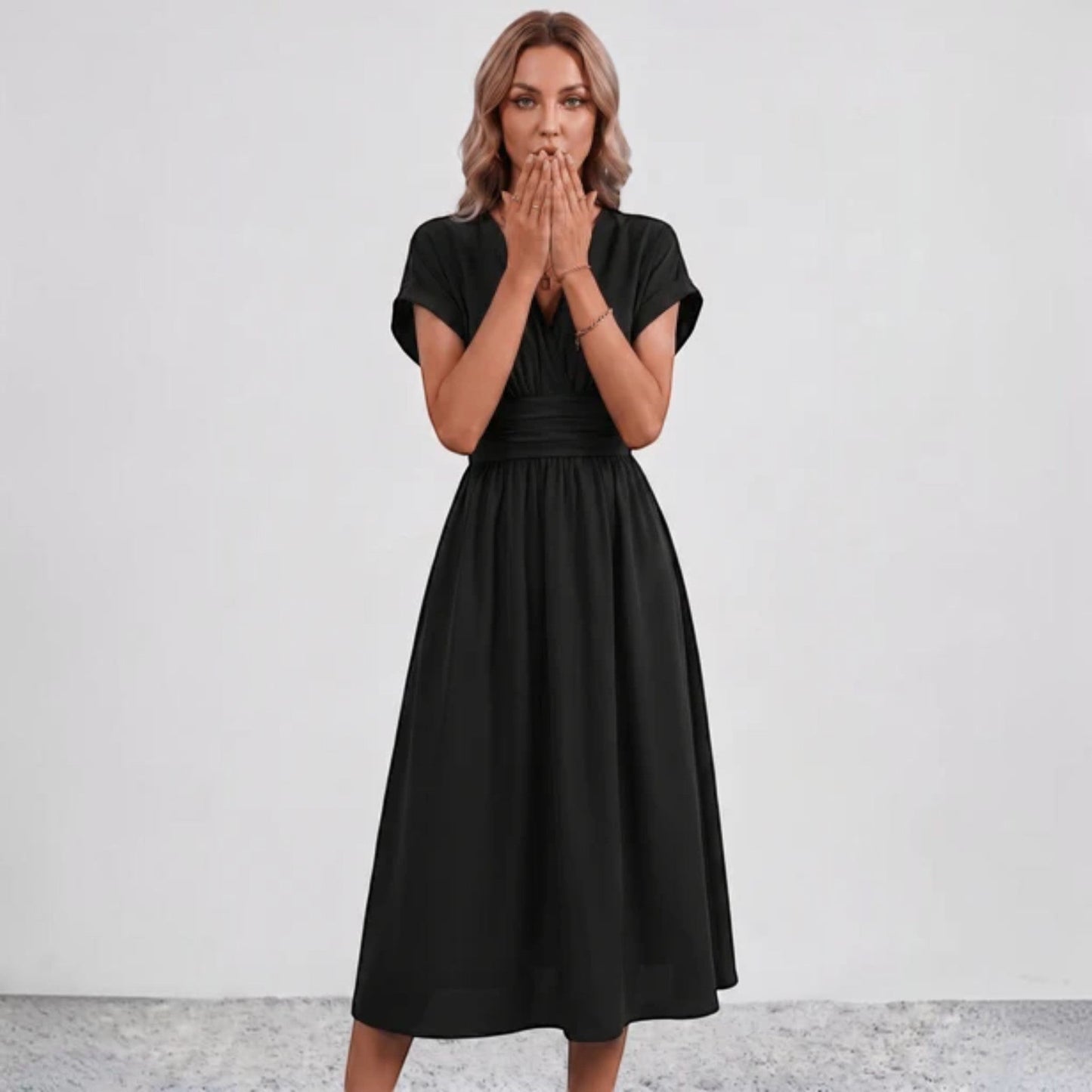 Women Ruched Waist Deep V Midi Dress Wedding Guest - Image 7