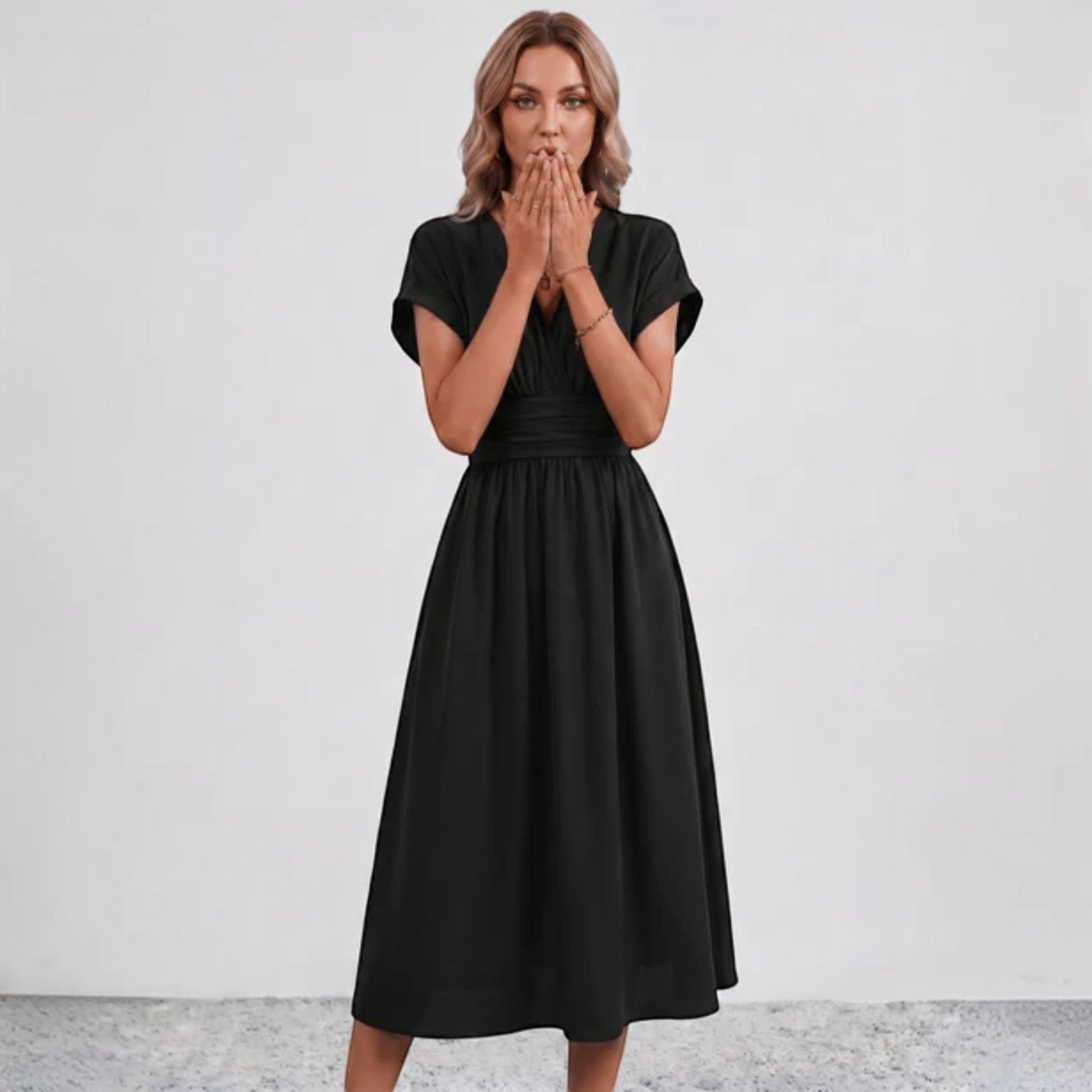 Women Ruched Waist Deep V Midi Dress Wedding Guest - Image 7