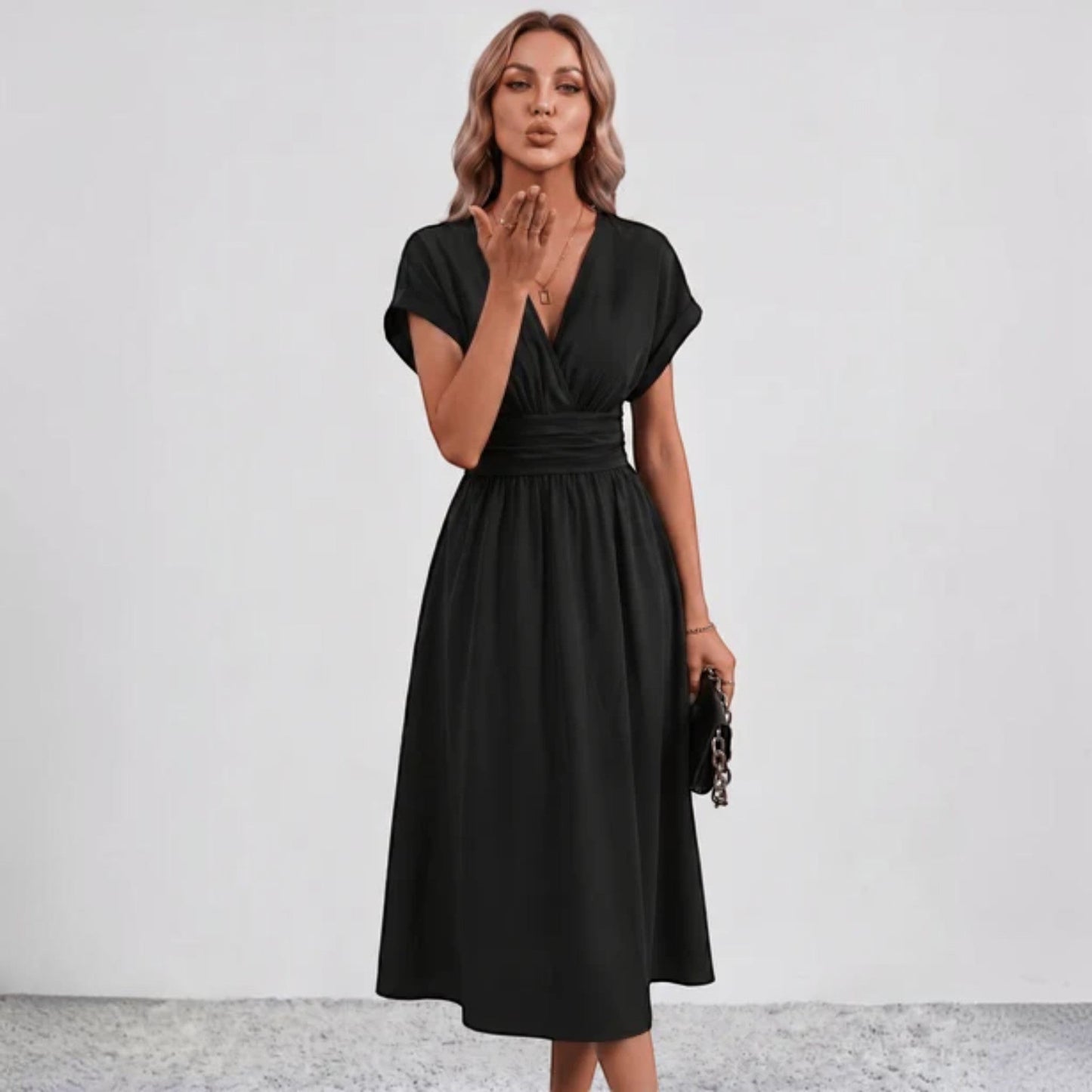 Women Ruched Waist Deep V Midi Dress Wedding Guest - Image 8