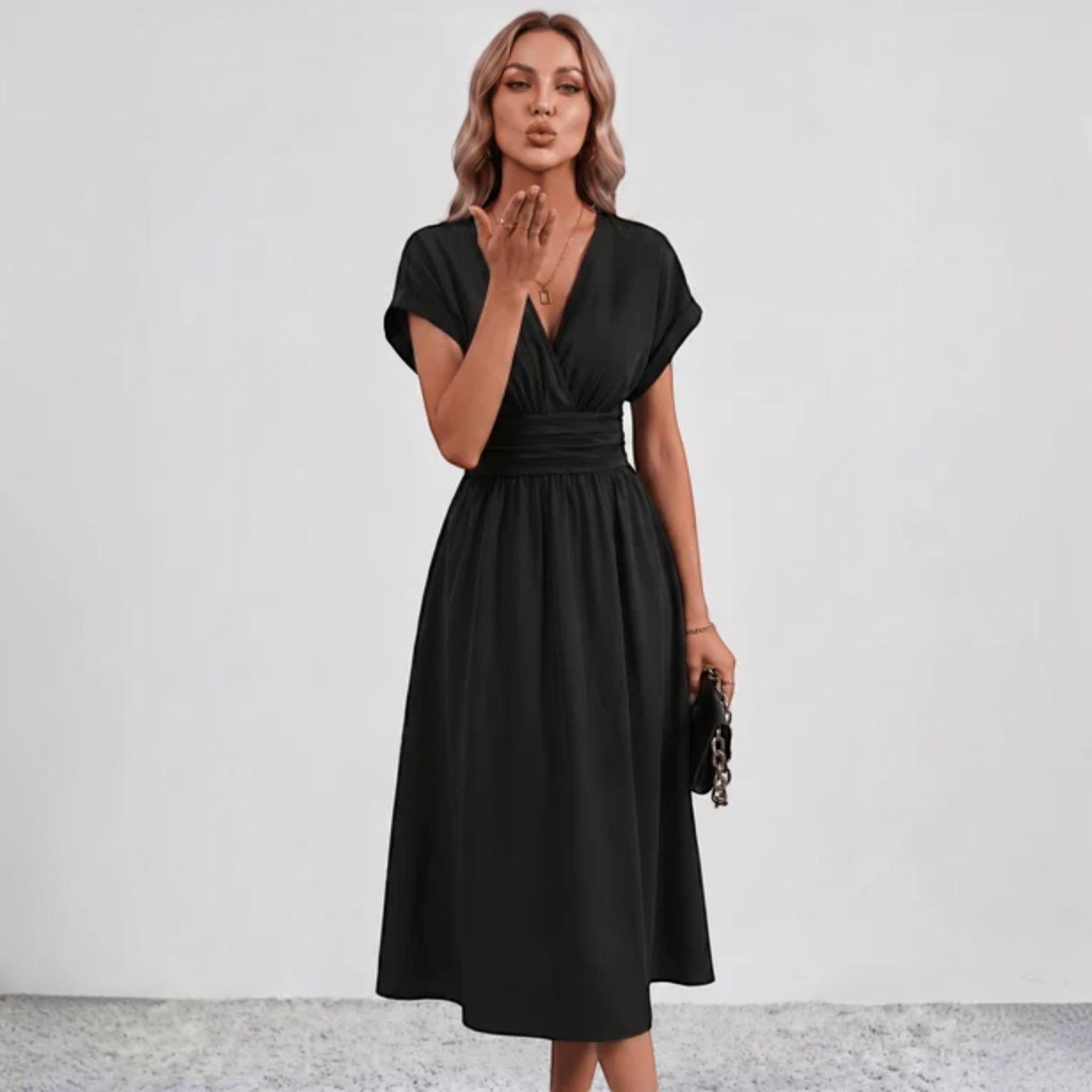 Women Ruched Waist Deep V Midi Dress Wedding Guest - Image 8