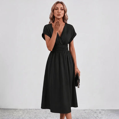 Women Ruched Waist Deep V Midi Dress Wedding Guest - Image 8