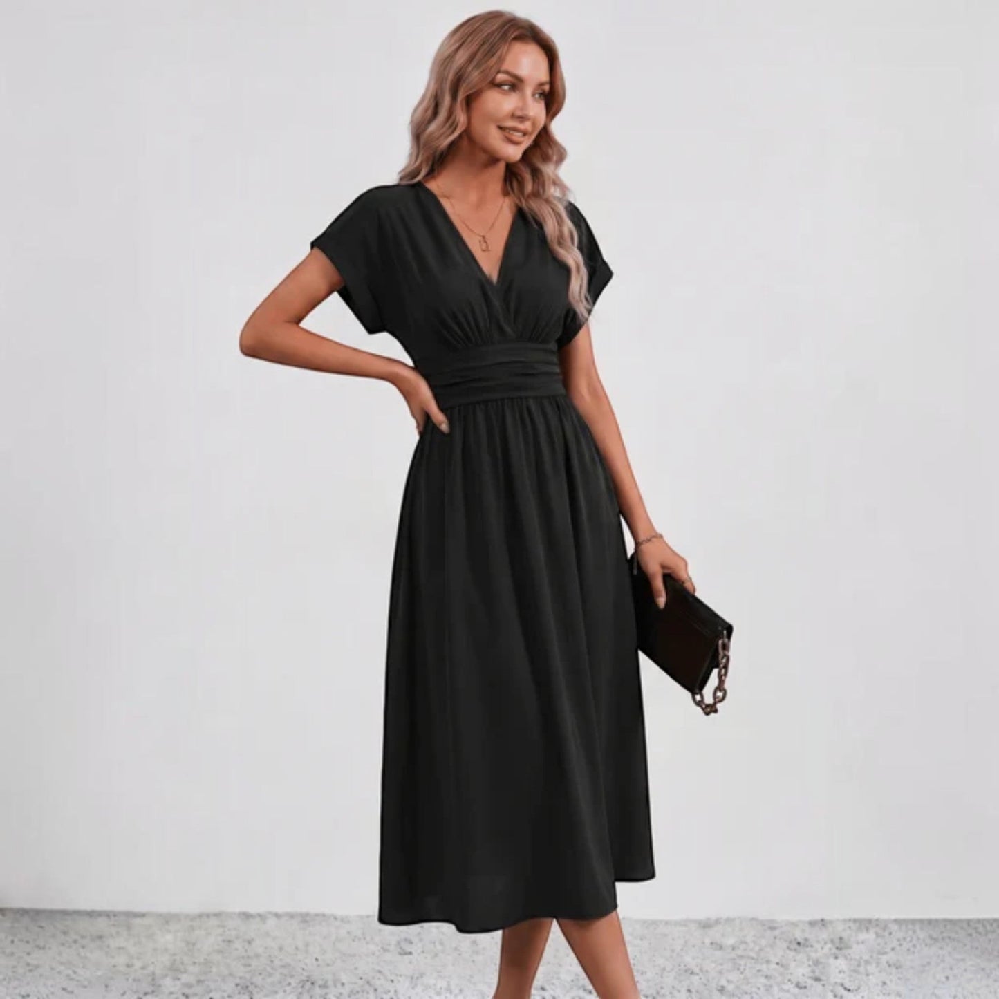 Women Ruched Waist Deep V Midi Dress Wedding Guest - Image 9