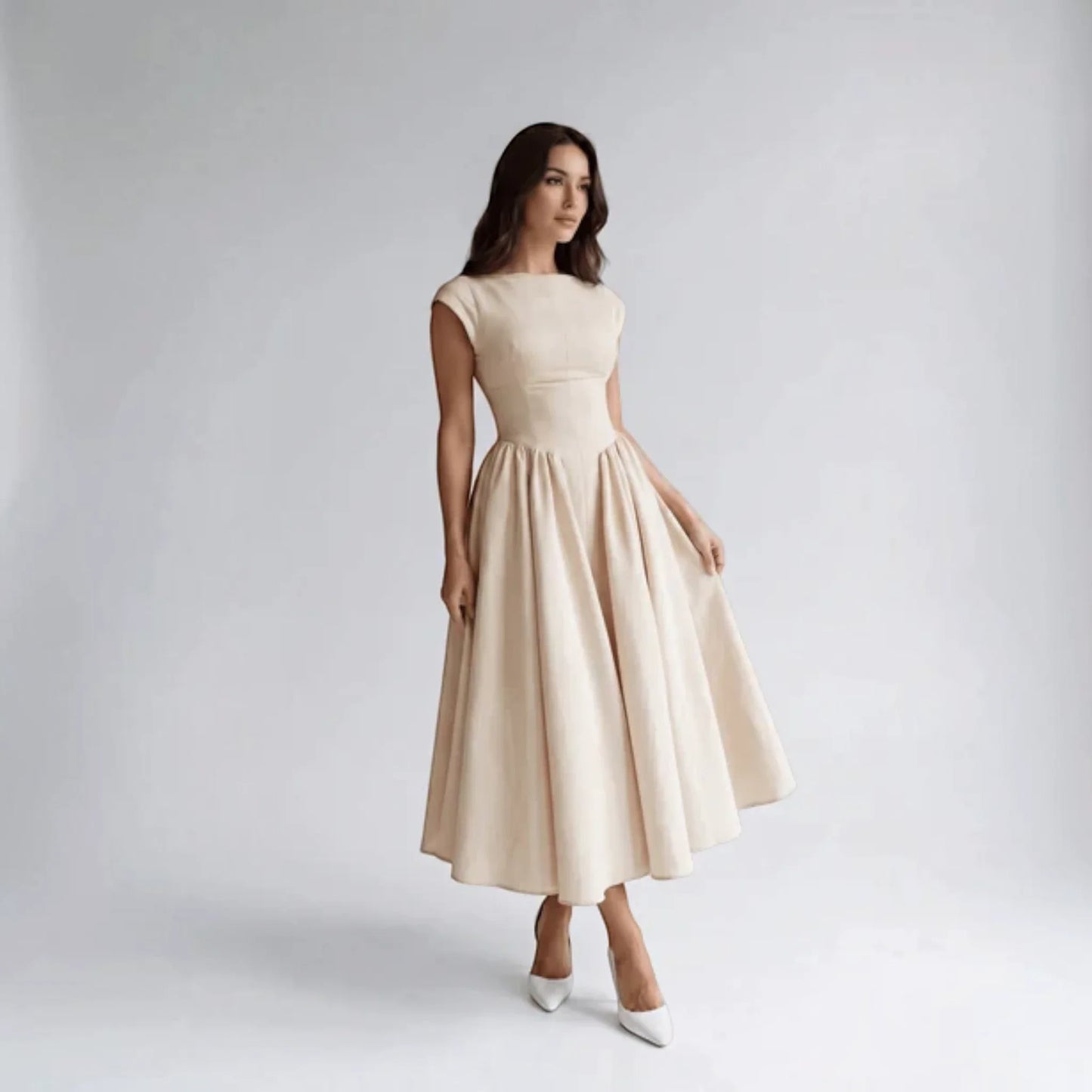 Women Fit Flare Sleeveless A-Line Midi Dress Wedding Guest
