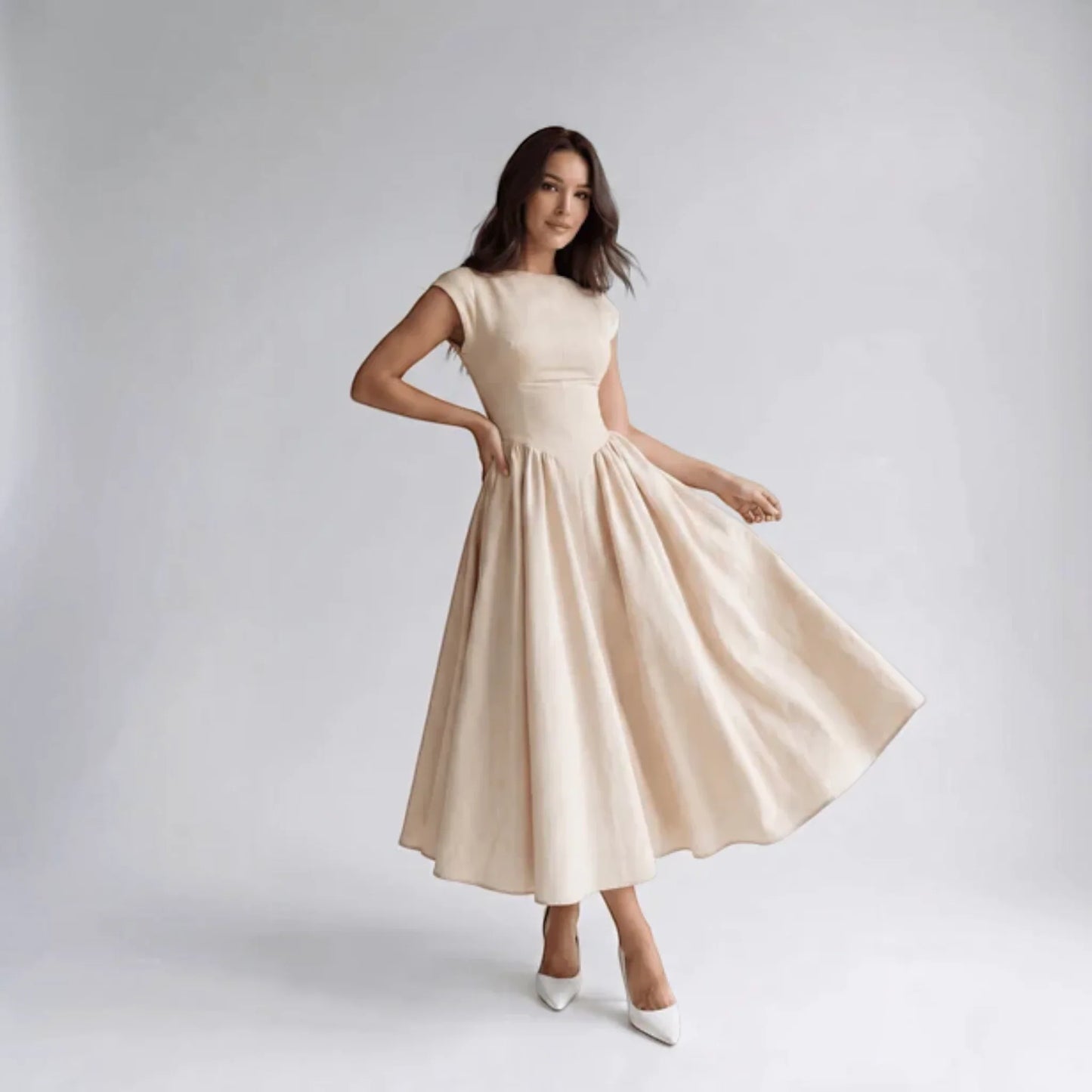 Women Fit Flare Sleeveless A-Line Midi Dress Wedding Guest - Image 2