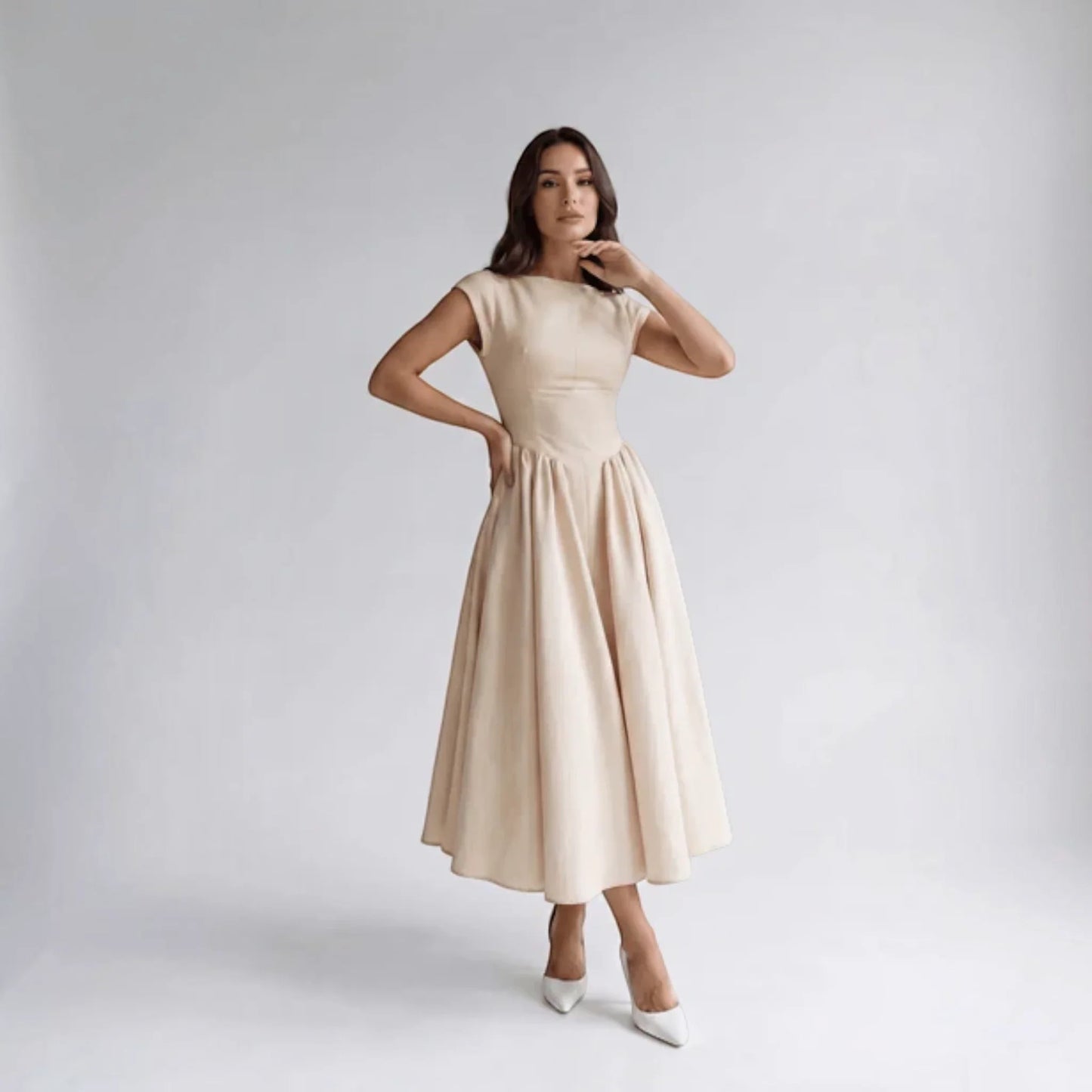 Women Fit Flare Sleeveless A-Line Midi Dress Wedding Guest - Image 3