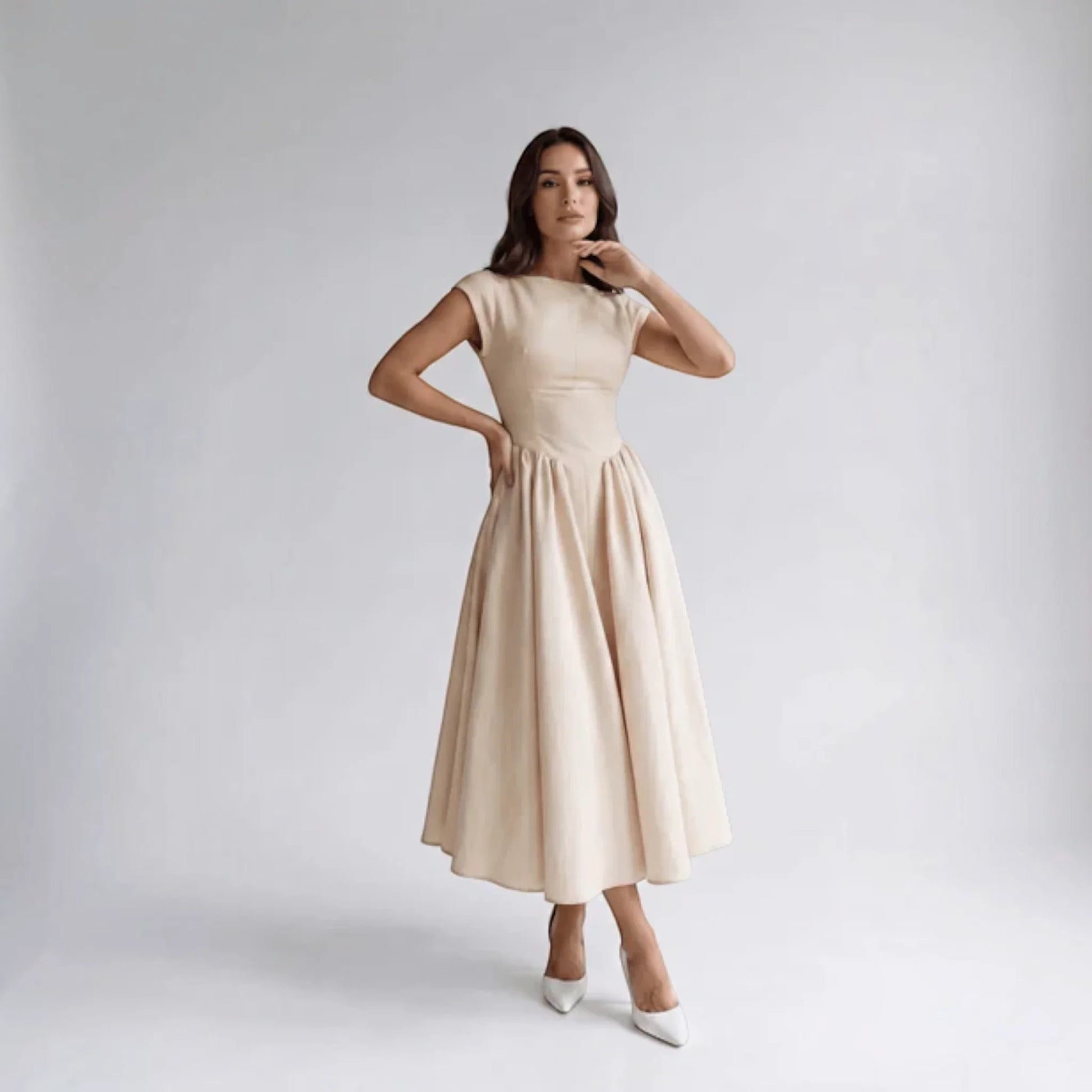 Women Fit Flare Sleeveless A-Line Midi Dress Wedding Guest - Image 3